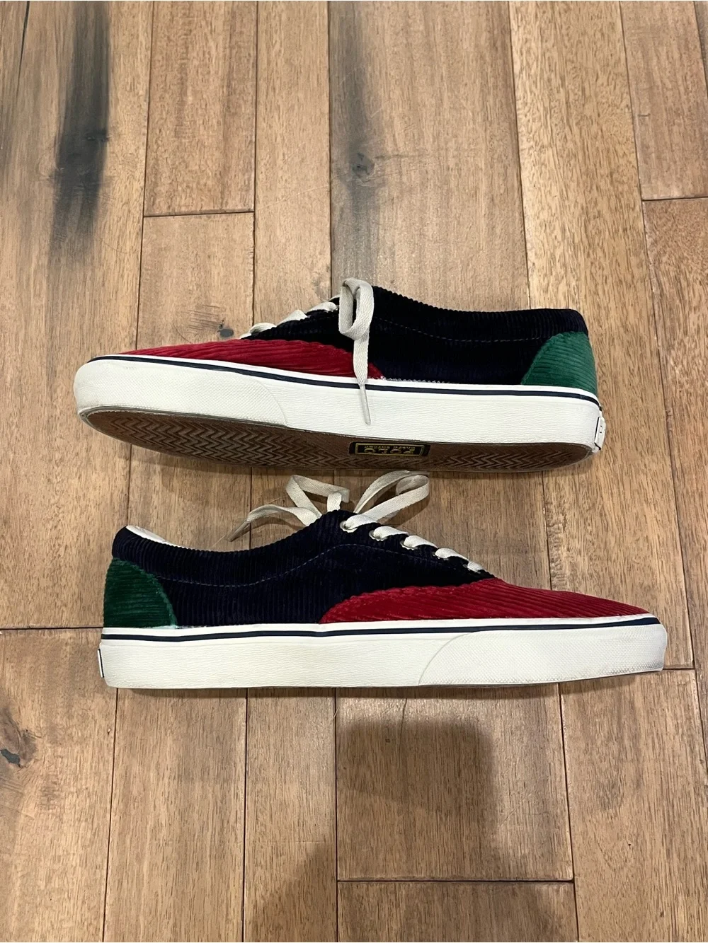 Polo by Ralph Lauren Red and Navy Corduroy Lace-Up Sneakers with Yellow Accents